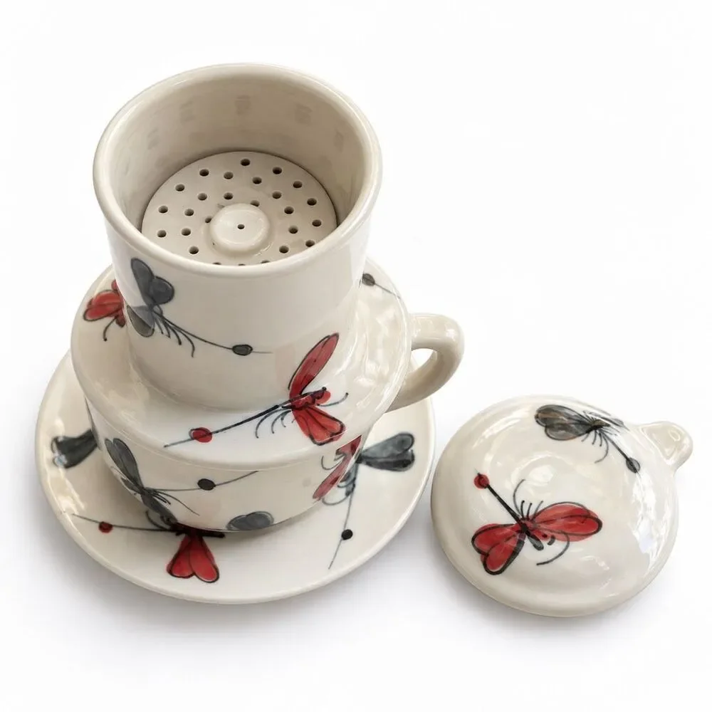 Bát Tràng Vietnamese Ceramic Phin Coffee Filter Cup Saucer Butterfly New